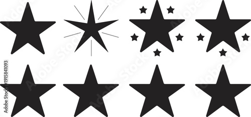 Star icons set featuring rating symbols sparkle effects and favorite shapes in bold black vector silhouette style for reviews badges awards and user interface design