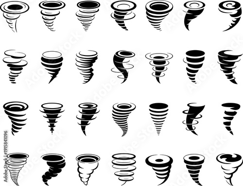 Tornado and whirlwind silhouette collection featuring cyclone, twister and hurricane vortex icons, black storm vector set isolated on white background for weather design