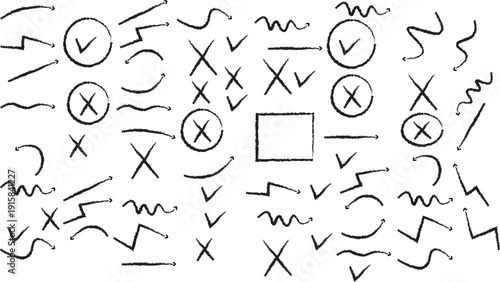 Crayon doodle scrapbook arrows for collage design. Hand drawn charcoal arrows, underlines and check marks on town beige paper. vector illustration