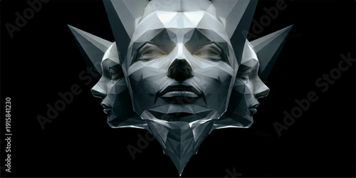 Abstract Low Poly Human Head with Multiple Faces Symbolizing Mind Consciousness and Psychology