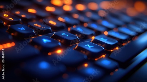 Illuminated keyboard, close-up, gaming, night, bokeh, technology, website, design