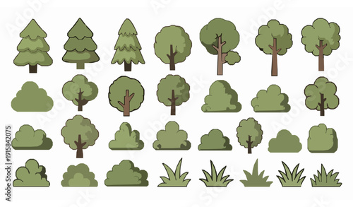 Cute rounded cartoon trees bushes and plants vector set for kids games