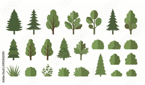 Minimal flat trees bushes and plants vector modern foliage collection