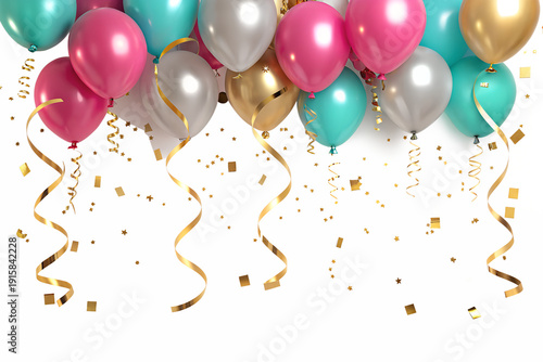 Festive balloon border with gold confetti and streamers