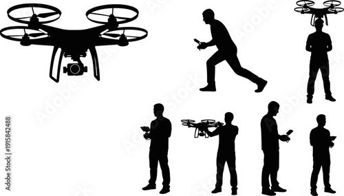 Drone operator and quadcopter silhouette set showing pilot controlling aerial camera, modern UAV technology, aerial photography, surveillance, and remote flight operation,