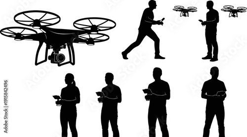 Drone operator silhouettes controlling quadcopter UAV, remote pilot teamwork, aerial photography technology, flying camera concept, black vector illustration isolated on white background