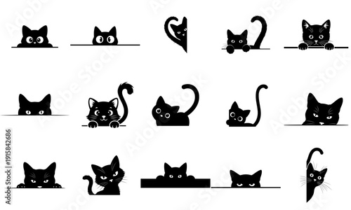 Cute peeking black cats illustration
