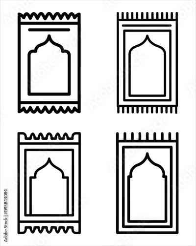 Set of Islamic prayer mat icons with mihrab arch patterns for religious apps and masjid branding