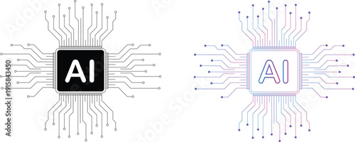 AI Microchip Icon Vector – Artificial Intelligence Processor and Circuit Technology Illustration