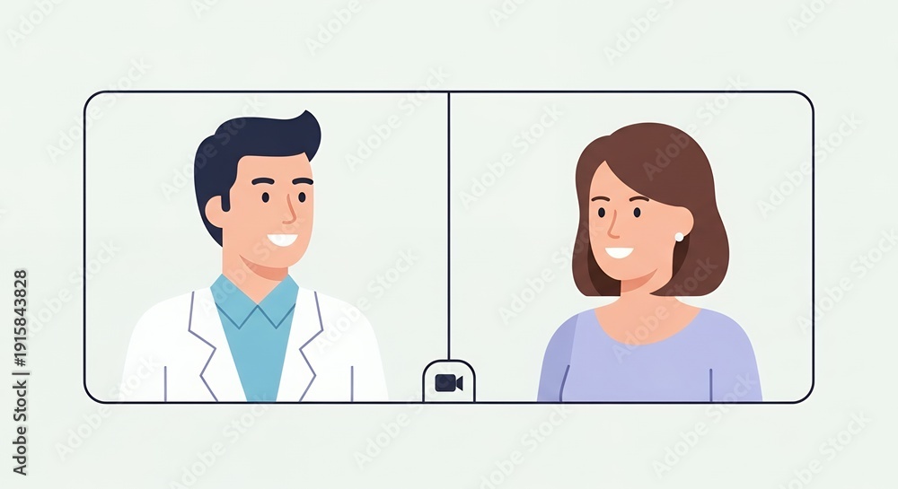 Fototapeta premium A male doctor in a lab coat is smiling while having a remote online video consultation with a female patient on a split screen interface.