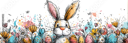 Easter bunny holding decorated eggs and spring flowers wallpaper. Whimsical Easter bunny holding colorful decorated eggs and spring flowers in hand-drawn doodle style