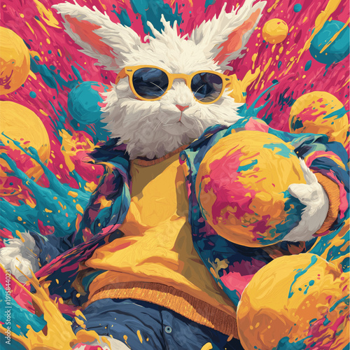 Cool Easter bunny wearing sunglasses holding decorated egg. Easter poster. Anthropomorphic bunny wearing colorful jacket, surrounded by paint splatters and festive eggs