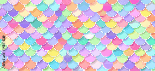 Pastel rainbow mermaid scales seamless pattern background. Cute iridescent texture creating a dreamy fantasy wallpaper for packaging
