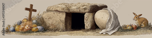 Empty tomb with cross and easter bunnies celebrating resurrection. Easter greeting card. Empty cave, stone rolled away, with cross, bunnies and colorful Easter eggs
