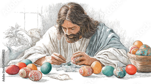 Jesus painting colorful Easter eggs for Easter holiday. Easter wallpaper. Jesus Christ decorating vibrant Easter eggs on a table with brushes and paint