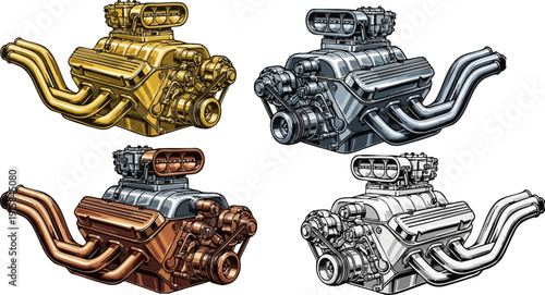 Vector illustration of four isolated hot rod car engines in gold, silver, bronze, and grayscale metallic finishes, featuring detailed superchargers and exhaust headers on a transparent