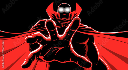 Vector illustration of a menacing cloaked figure with glowing white eyes reaching forward from a dark, shadowy red and black background.