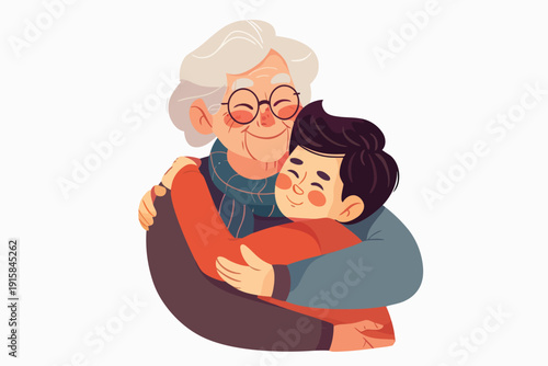 Loving Hug Between Grandma and Grandson isolated