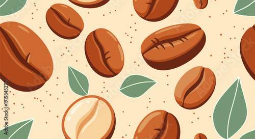 Vector seamless pattern with roasted coffee beans and fresh green leaves on a light beige background, ideal for cafe branding, packaging, or website design.