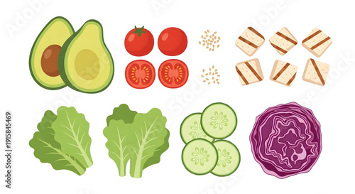 Collection of Fresh Salad Ingredients with Avocado, Tomato, and Tofu
