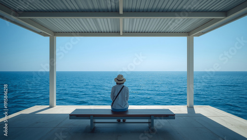 海辺の屋根付きベンチで海を眺める日本人旅行者の休憩時間