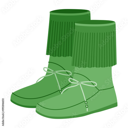 Green lace-up fringed ankle boot women flat pair. Fringe trim with side lacing for concert evening, season. Technical fashion illustration CAD mockup refined vector men unisex isolated modern style.