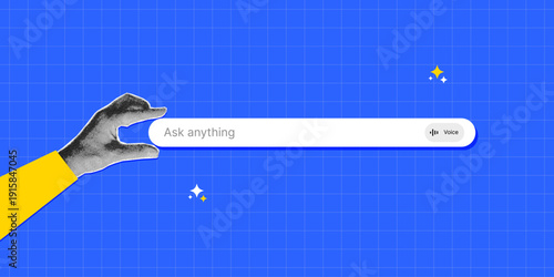 Trendy Artificial intelligence search concept with human hand holding search bar in retro halftone collage style. Contemporary AI vector illustration art