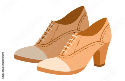 Oxford pump women beige heel flat pair. Lace up brogue inspired dress footwear for office, dinner, everyday wear. Technical illustration, CAD mockup, smooth vector men unisex isolated elegant style.