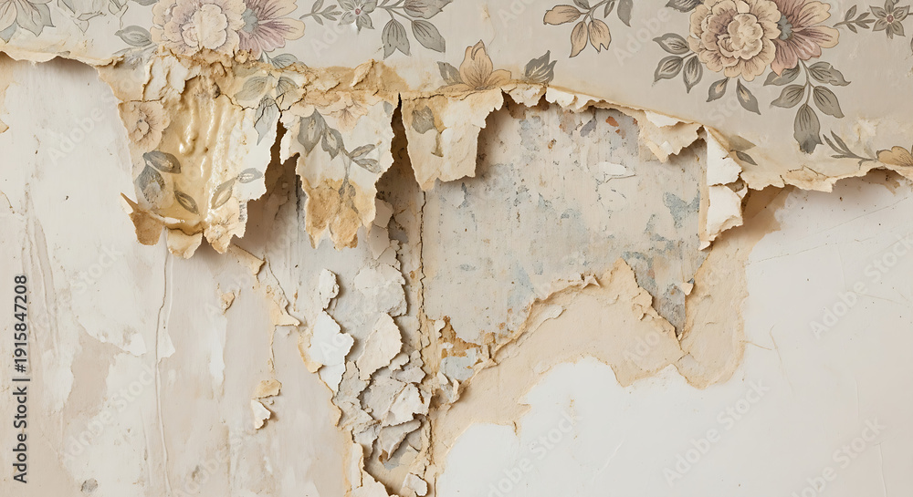 Fototapeta premium Damaged wall with peeling wallpaper and torn edges exposed