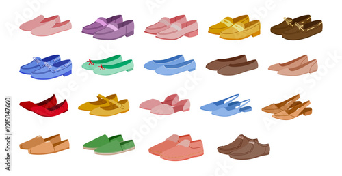 Color flat shoes pair set. Trendy slingback flats, bright ballerina, Mary Jane, espadrille, loafer, moccasin, mule. Vibrant fashion footwear chart, flat vector illustration for lookbook and web design