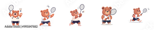 Funny Bear Badminton Athlete Cartoon Flat Vector Collection