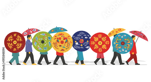 People Walking with Colorful Umbrellas and Ornaments.