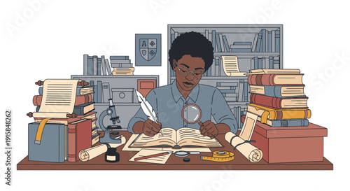 Woman Researching at Cluttered Desk with Books.