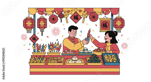 Man and Woman Exchanging Red Envelopes.