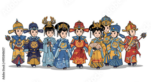 Group of Cartoon Characters in Traditional Costumes.