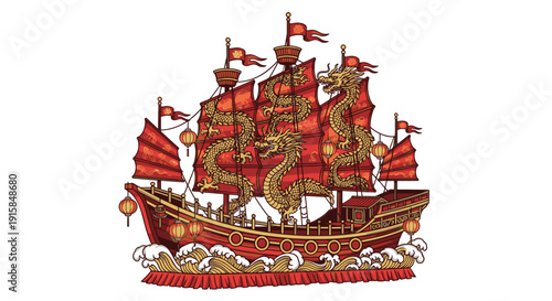 Ornate Red and Gold Pirate Ship Model.