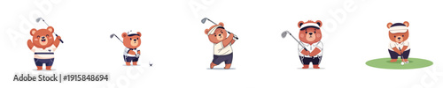 Funny Bear Golf Characters Flat Design Sport Player Vector Collection