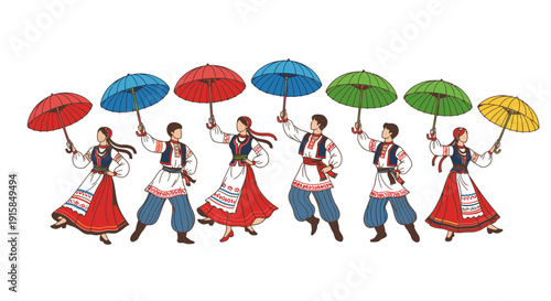 Traditional Dancers Holding Colorful Parasols in Unison.