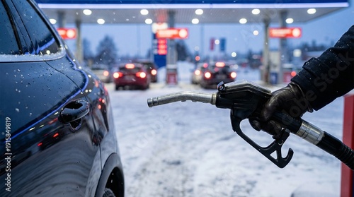 Fueling Up in Winter: A close-up captures a person's gloved hand holding a fuel pump nozzle, refueling a vehicle at a gas station amidst a snowy winter scene.