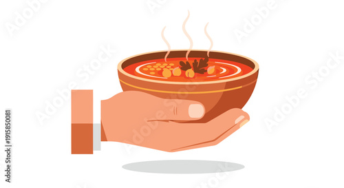 Hand Holding Hot Soup in Bowl.