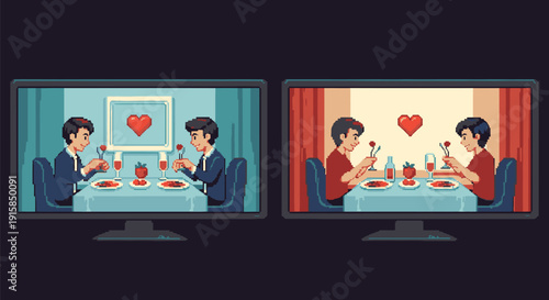 Couple Dining Together on Computer Screens.