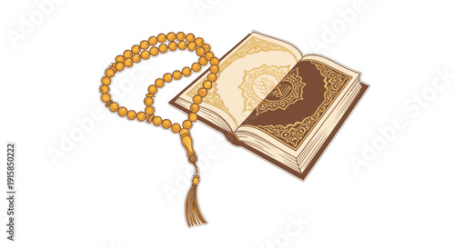 Prayer Beads and Open Religious Book.