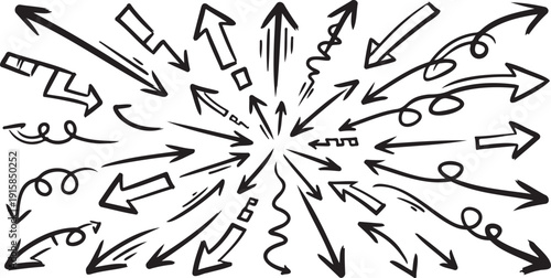 Collection of various hand drawn sketchy arrows pointing towards center on transparent background