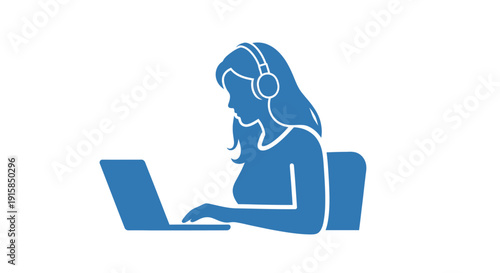 Woman Working on Laptop with Headphones.