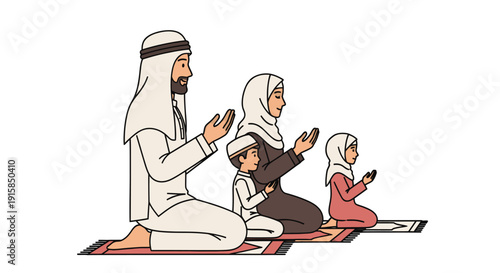 Family Praying Together Islamic Illustration.