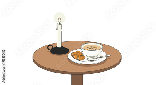 Candle and Breakfast on Round Table.
