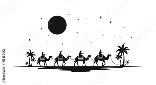 Three Wise Men Riding Camels Under Moonlight.