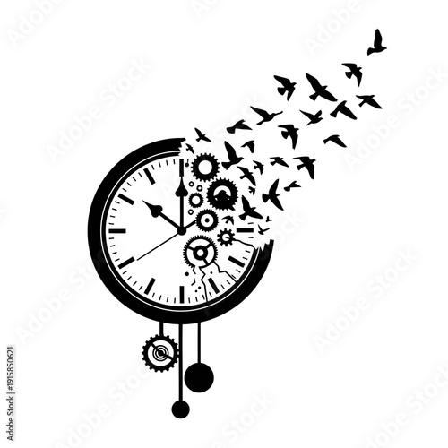 Clock Dissolving into Birds, Symbolizing Time Passing and Freedom
