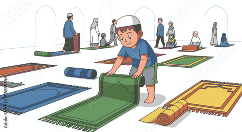 Young Boy Preparing Prayer Mats.