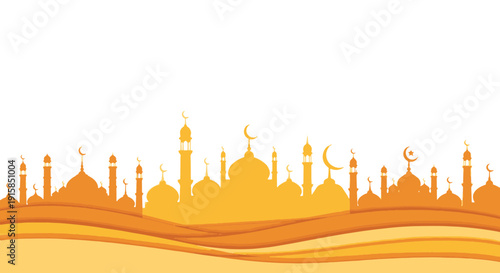 Orange and Yellow Mosque and Minaret Silhouettes Under a Dark Sky with Crescent Moon and Star Details on Wavy Sand Dunes